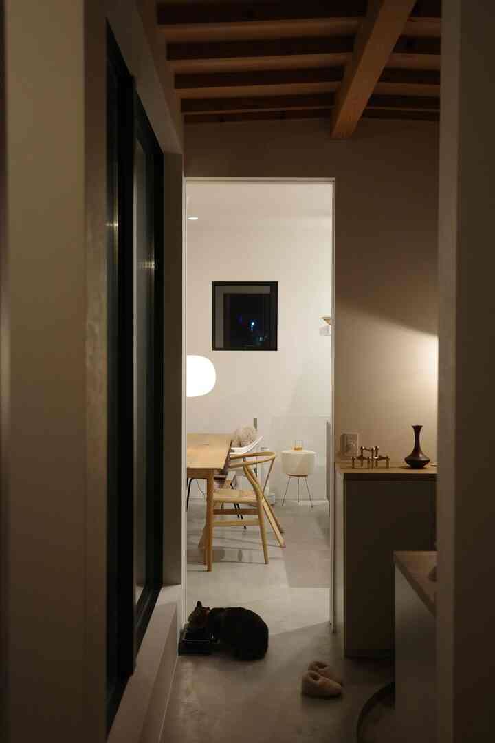 ナチュラルな木目調と白い壁が調和するダイニングルーム、床で食事をする猫がいる落ち着いた雰囲気の空間