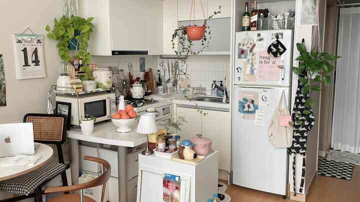 白とナチュラルカラーの小さなキッチン、ダイニングチェアやキッチンワゴン、植物が配置された雰囲気のあるインテリア