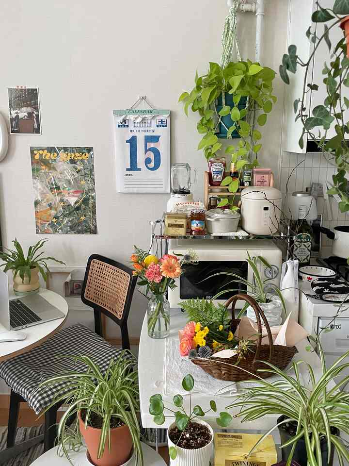ホワイトとアイボリーのトーンのキッチン、ミニ炊飯器とブレンダー、電子レンジが配置され、多数の植物が自然でヴィンテージな雰囲気を演出するインテリア