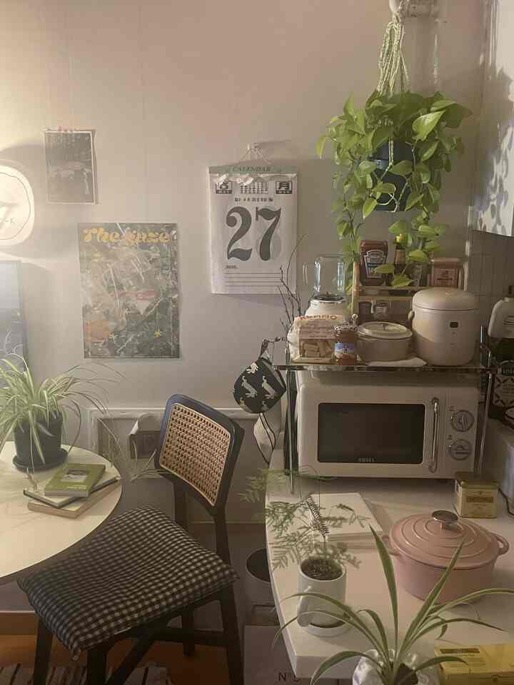 ベージュの壁とブラウンの木製家具、多種多様な植物が置かれた居心地の良い一人暮らしのキッチン兼ダイニングスペース