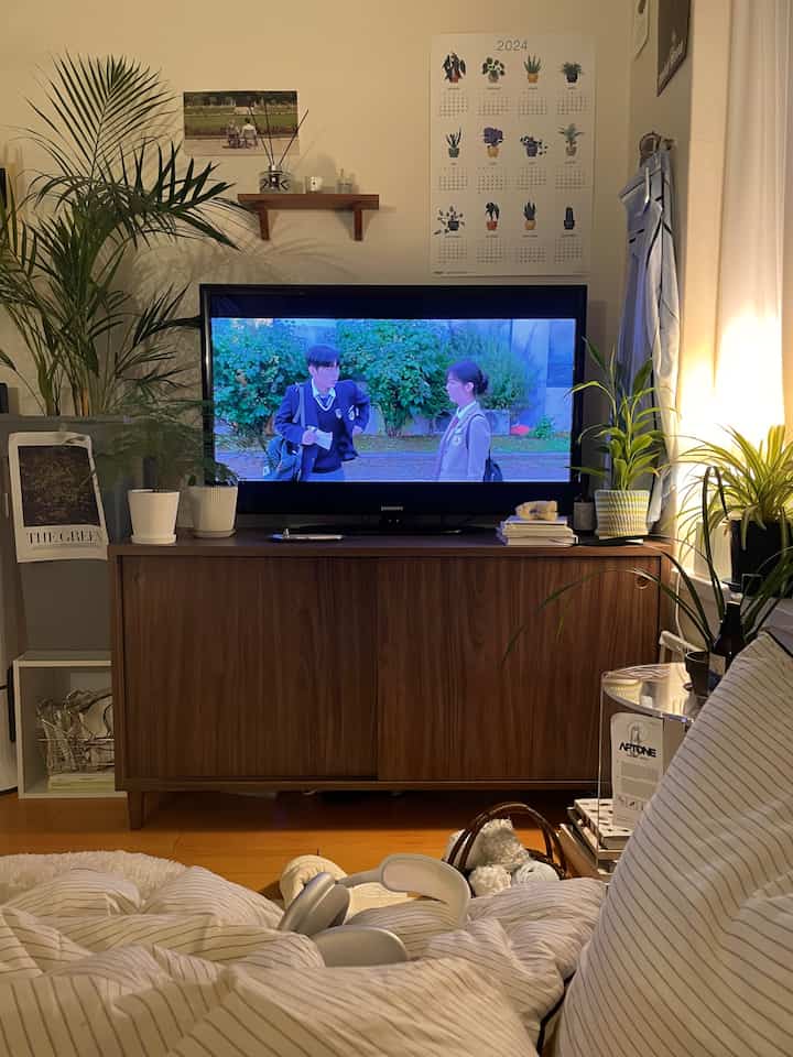 温かみのある木製のテレビ台と白い寝具が調和した居心地の良いリビング、様々な植物と柔らかな照明が雰囲気を演出