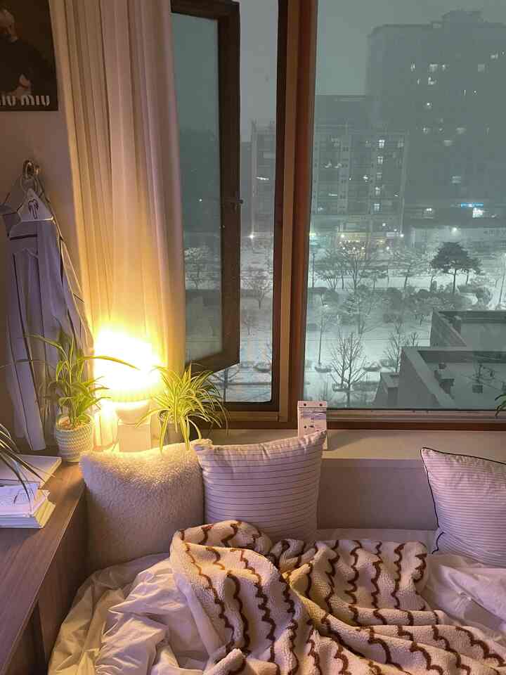 白と茶色のトーンの寝室、窓の外に降る雪景色とベッド、カーテン、植物、暖かい照明が調和した印象的な空間