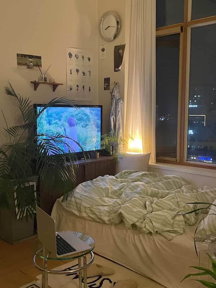 ナチュラルカラーと木目調が調和した寝室、テレビ台と植物が配された雰囲気のある空間