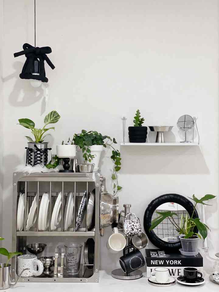 白と黒の調和のとれたキッチンスペース、ステンレス製の皿ラックと複数の植物、パディングミラーとペンダントライトが配置された雰囲気のあるインテリア
