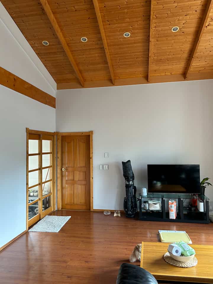 ナチュラルな木目調の天井と白い壁が調和するリビング、テレビ台とコーヒーテーブル、犬用グッズが置かれた居心地の良い空間