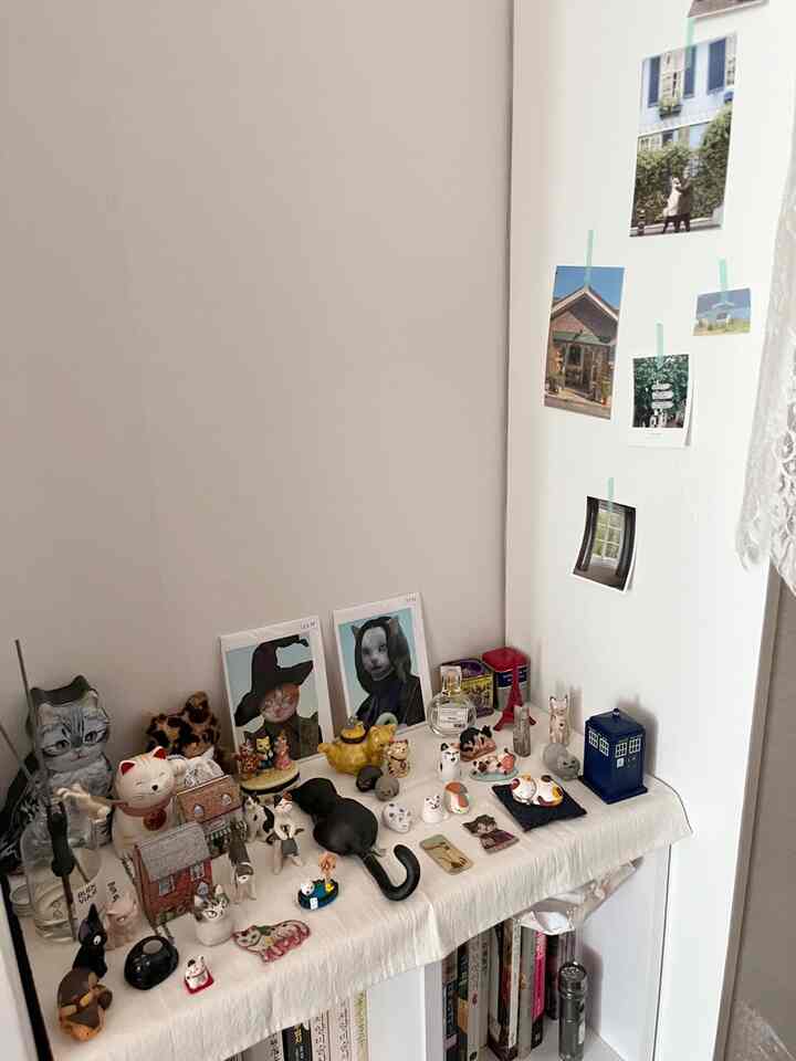 白い壁と本棚、棚の上に様々な猫のモチーフの小物や額縁が配置された玄関の隙間収納のインテリア