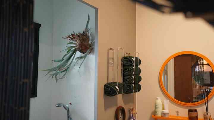 落ち着いたベージュとナチュラルウッド調のバスルーム、壁に取り付けられたタオル掛けと植物が配置された温かみのある空間