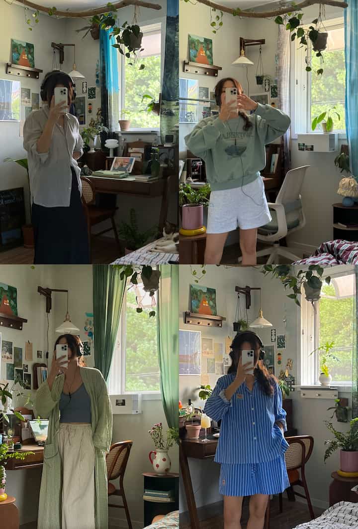 ナチュラルな色調とレトロスタイルの寝室、大きな窓際に植物と机が配置された雰囲気のあるインテリア