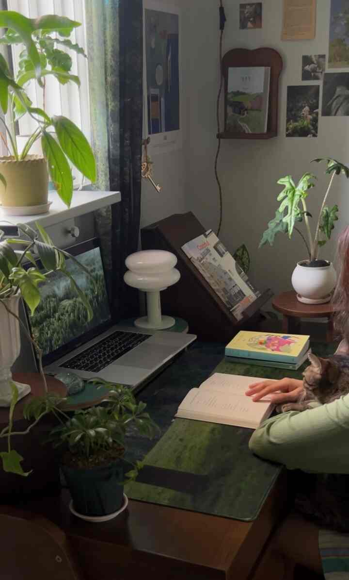 ナチュラルな木目調の書斎、机の上に本とノートパソコン、膝には猫、周囲には植物が配置された落ち着いたホームオフィスの雰囲気