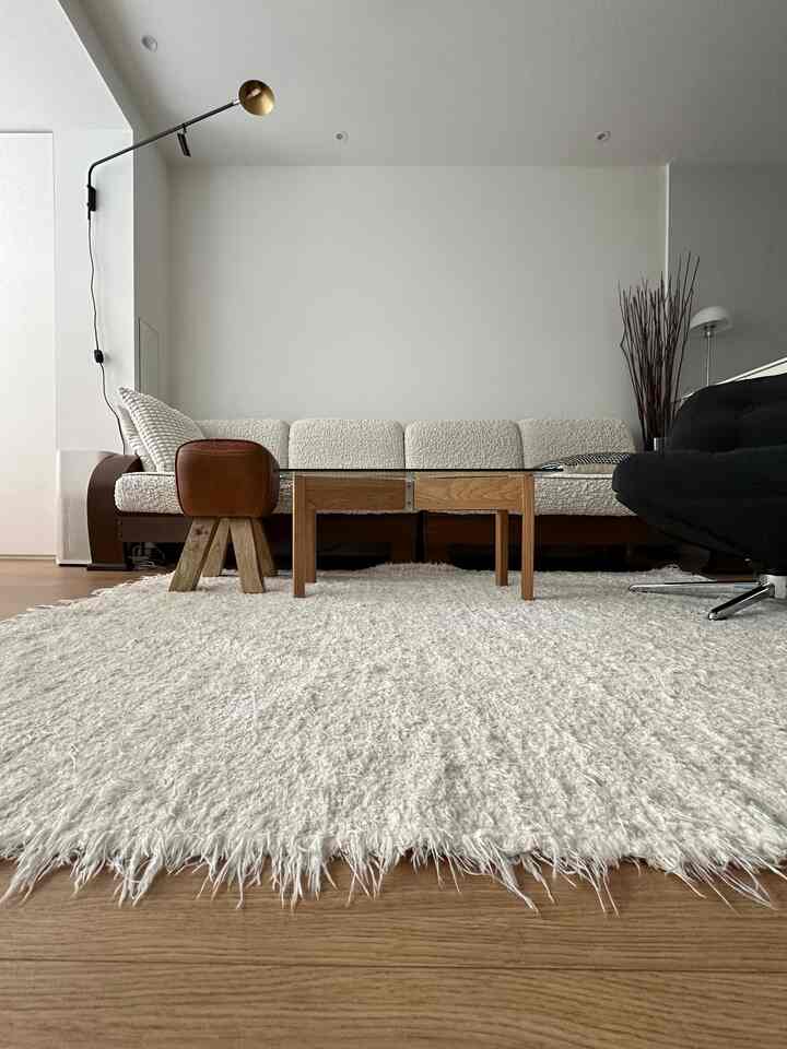 ホワイトとブラウンの色調のリビング、木製ソファとラグ、コーヒーテーブルが自然で落ち着いた雰囲気のインテリア