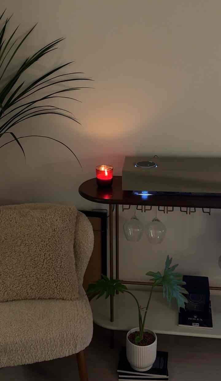 ベージュとブラウンの色調のリビング、ザラホームのアームチェアとウエストエルムの棚が配置されたナチュラルな雰囲気のインテリア