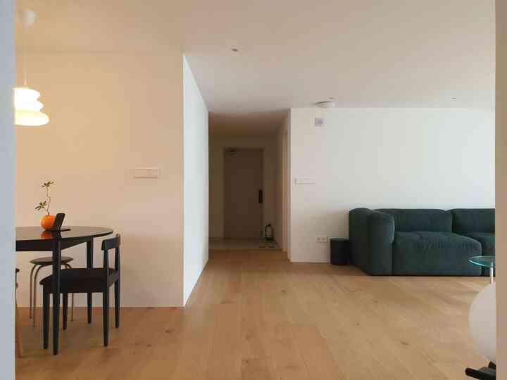 ナチュラルな木製床と白い壁のリビング・ダイニング空間、グリーンのソファと黒いダイニングセットが配置されたシンプルでモダンなインテリア