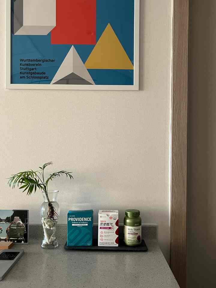 ブルーと黄色が映えるキッチンの壁にヴィンテージなバウハウスのポスター、植物入りの花瓶、そして整然と並べられたサプリメントが置かれたモダンな空間