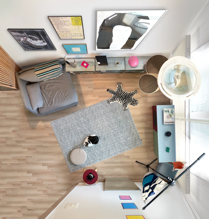 木目調の床とグレーのソファ、壁に多様なアートが配された猫と暮らすリビングのナチュラルな空間