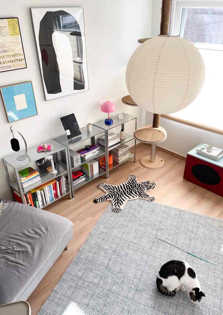 ナチュラルな色調のリビング、広いラグとグレーのソファ、キャットタワー、猫がくつろぐ雰囲気のあるインテリア