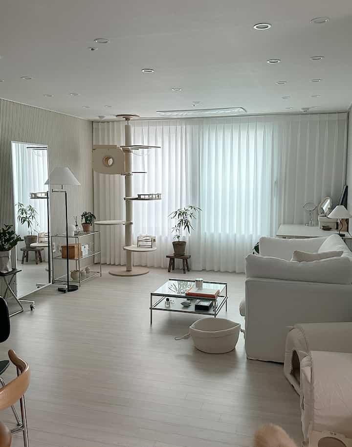 白とナチュラルトーンのリビング、キャットタワーとペットハウスが配置された広々としたモダンなインテリア