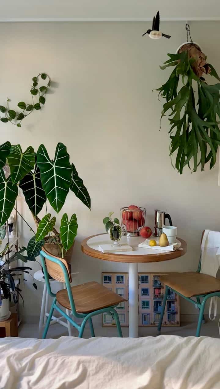 ナチュラルカラーのコンパクトな部屋、木目調のラウンドテーブルとビンテージチェア、多様な植物が配置された雰囲気のあるおうちカフェ