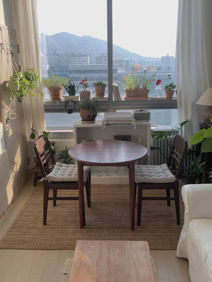 ナチュラルカラーのリビング、木製家具と丸テーブル、椅子、多数の植物が配置された雰囲気のある空間