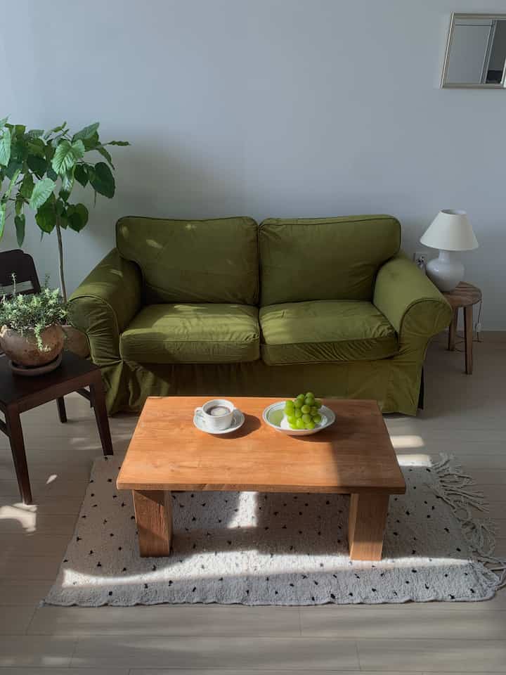 ナチュラルな木目調とグリーンのソファがあるワンルームのリビング、日差しが差し込むシンプルで居心地の良い空間