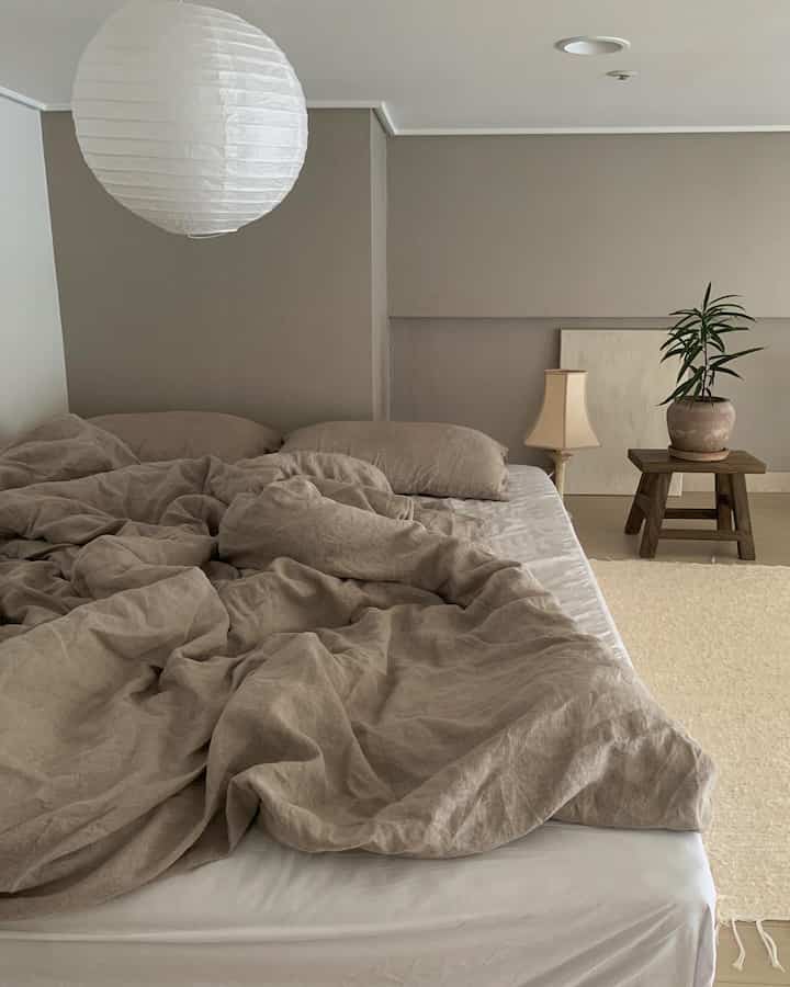 ベージュとナチュラルカラーのトーンのロフトワンルーム寝室、枕と布団があるベッドと木製スツールの上の植物が配置されたシンプルな空間