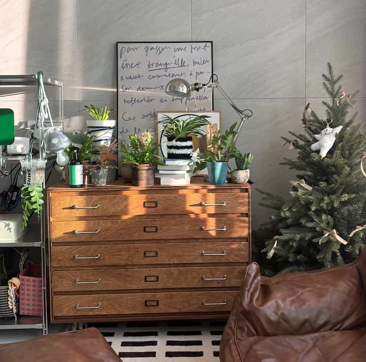 ナチュラルな木目調と植物が調和したリビング、ファイリングキャビネットとポスターが配置された雰囲気のあるインテリア