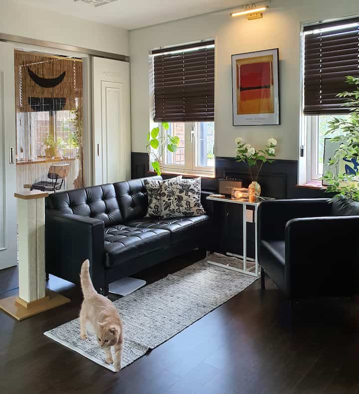 黒と木目調が調和したリビング、キャットタワーと猫が配置されたモダンな雰囲気のインテリア