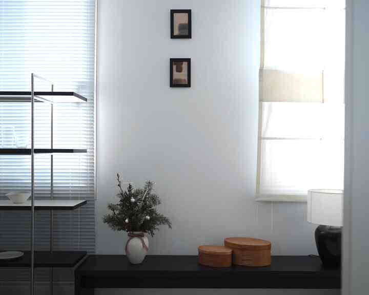 白を基調とした壁、ブラインドとローマンシェード、額縁と棚が配置されたシンプルな作業スペースと寝室のインテリア