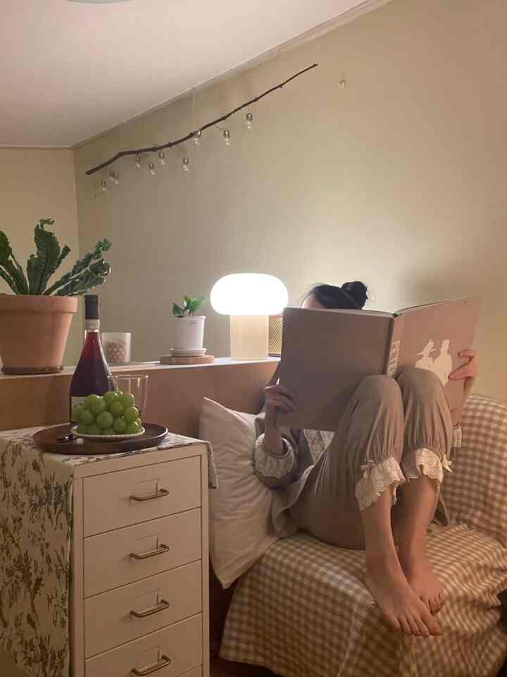 ベージュ色調のコンパクトで居心地の良い空間、チェック柄のソファ、白いドレッサー、テーブルランプと植物が配置され、温かみのある雰囲気のインテリア