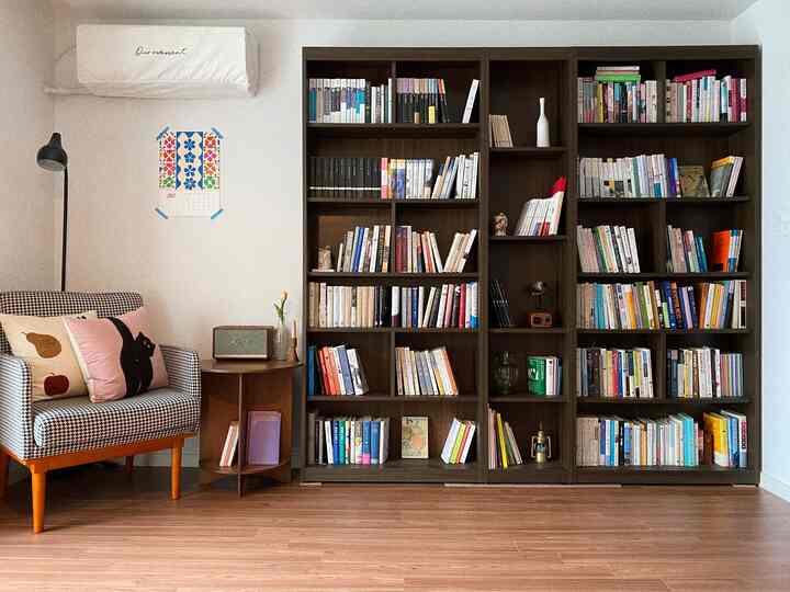 ブラウンの木目調の床と大きな本棚がある落ち着いたリビング、左側にチェック柄のアームチェアとクッション、サイドテーブルとフロアランプが配置された印象的な空間