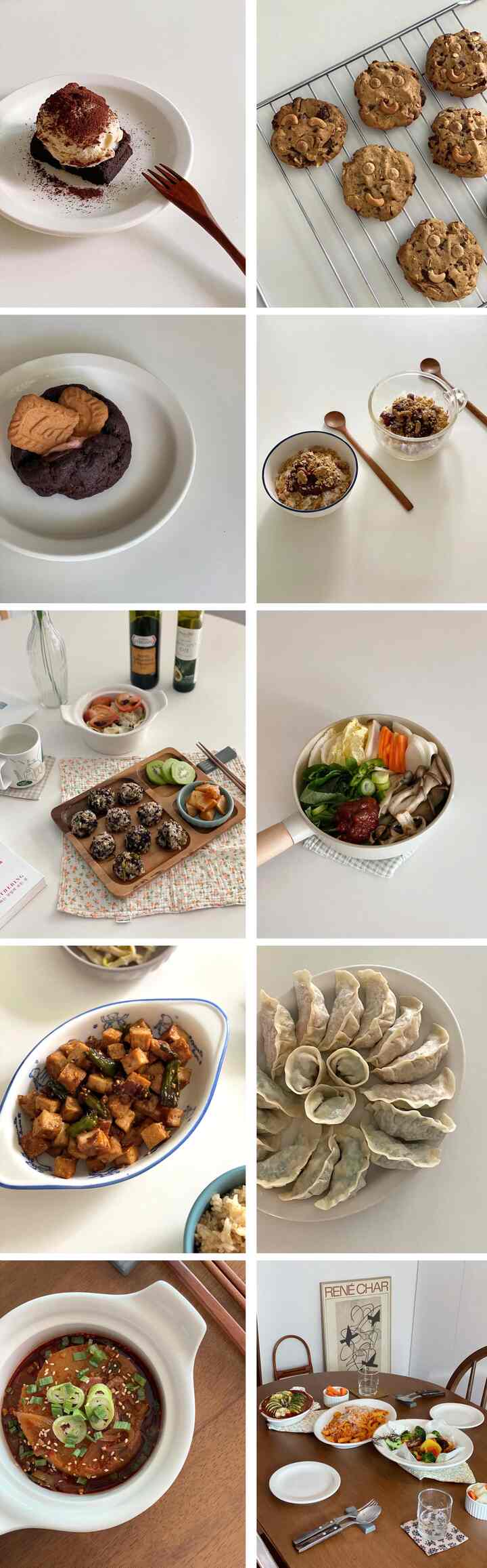 白と木目調のキッチンダイニングスペース、ビーガンベーキングとベジタリアン料理が並ぶナチュラルモダンなインテリア