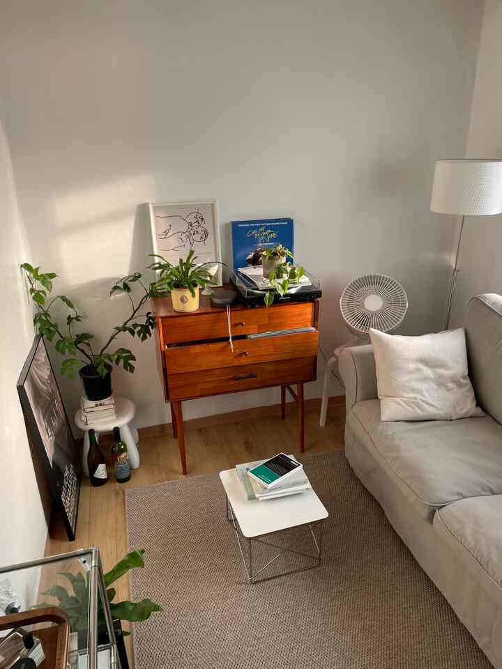 ナチュラルな木目調と温かみのある一人暮らし用リビング、コンソールテーブルと快適なソファが配置された雰囲気の良いインテリア