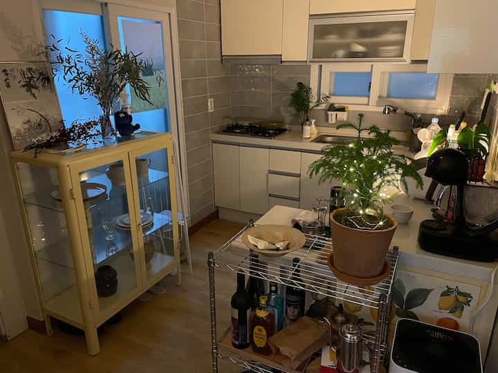 黄色のキャビネットと自然の植物が調和したコンパクトキッチン、すっきりとした収納アイデアが魅力的なインテリア