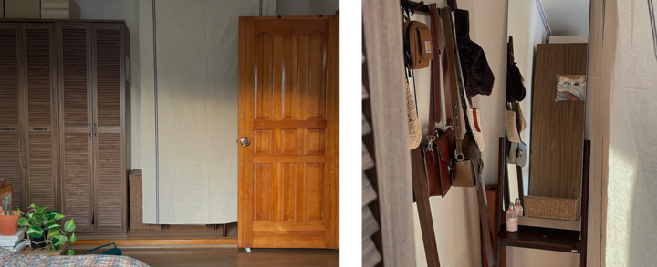 ブラウン系の寝室の奥にある空間で、ファブリックの間仕切り、ハンガー、全身鏡が配置された小さな脱衣所風のインテリア