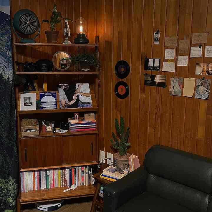 温かみのある木の壁とヴィンテージの小物、深緑のソファが置かれた居心地の良いリビング