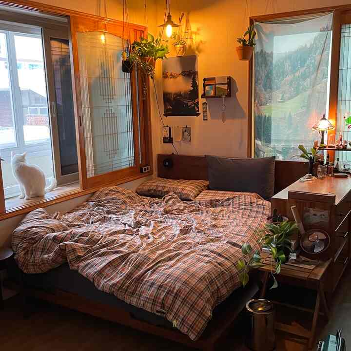 木目調で温かみのある寝室、窓辺に猫が座り、ナイトテーブルや植物が配置された雰囲気の良い空間