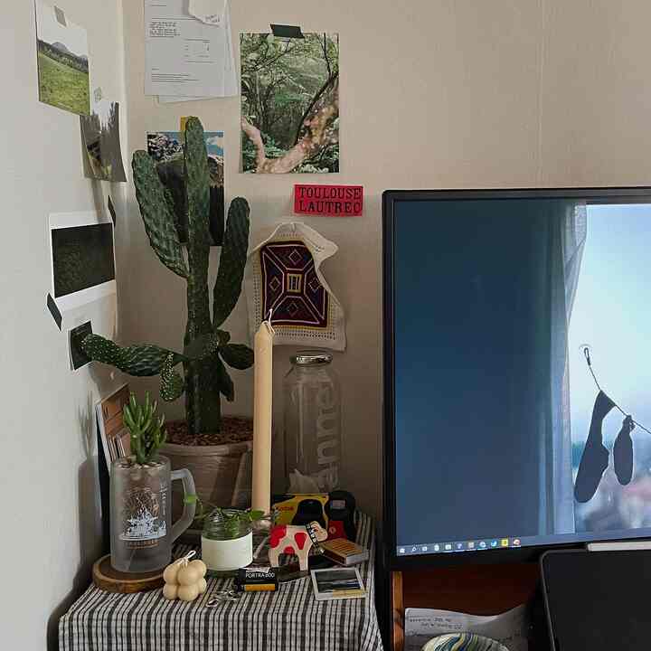 ナチュラルなトーンの壁とチェック柄のテーブルランナーがあるホームオフィス空間、サボテンと様々な装飾品が配置された温かみのある雰囲気のインテリア