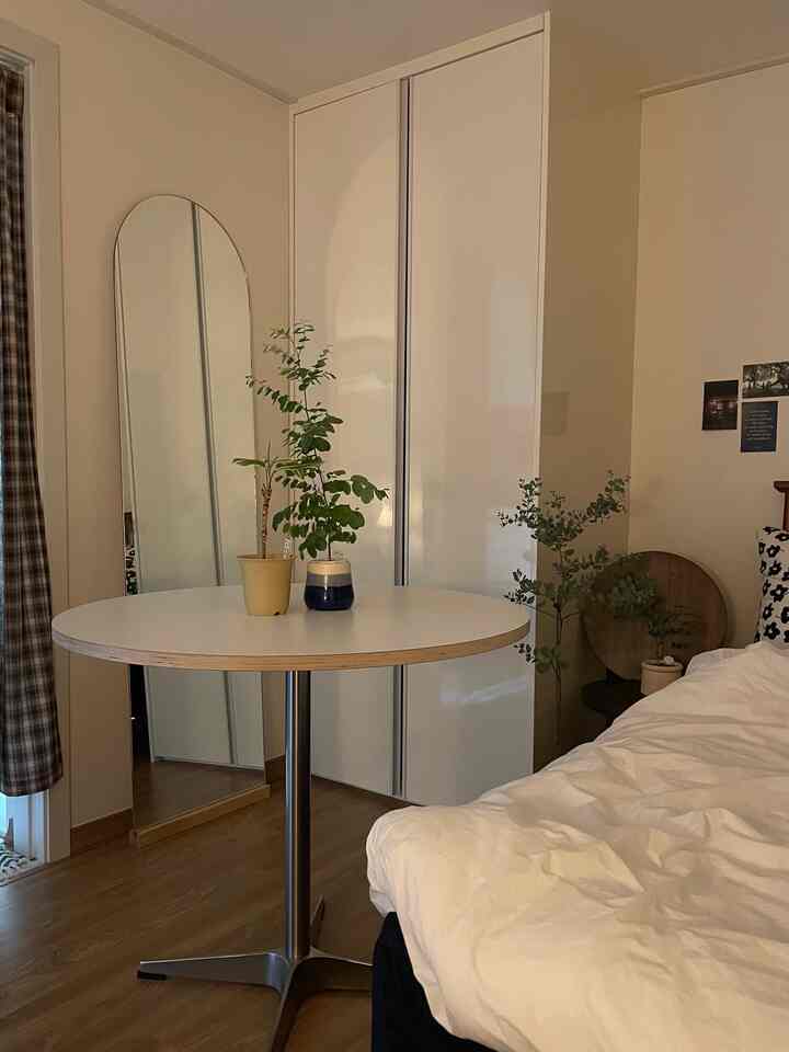 ライトウッドの床と白い壁に、円形テーブルとベッド、植物が配置された落ち着いた寝室のインテリア