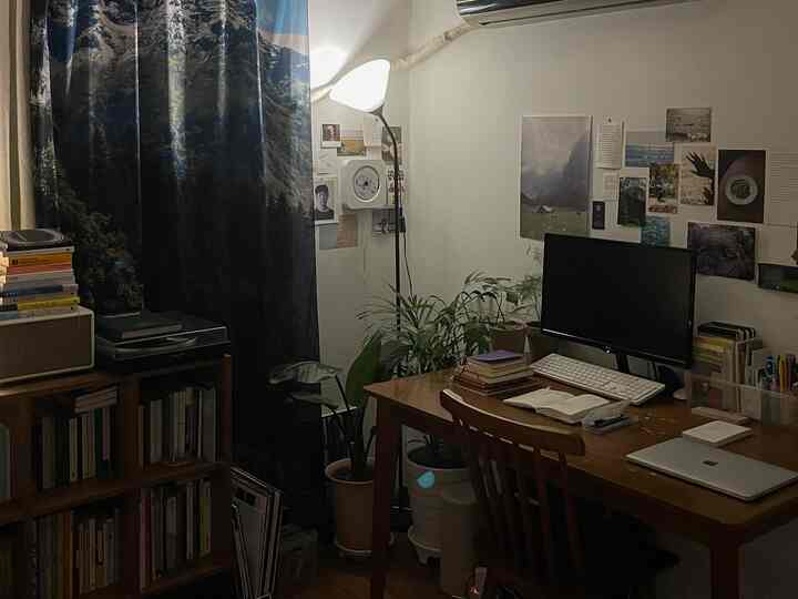 ダークなウッドトーンのワンルーム書斎、デスク、椅子、本棚、植物が配置された雰囲気のあるインテリア