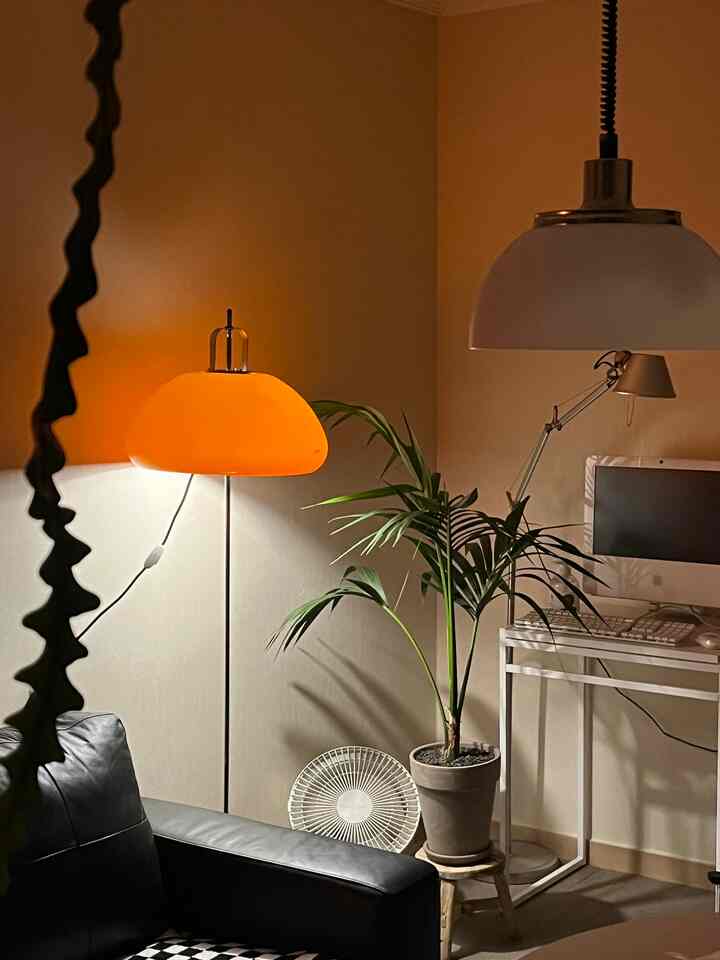 ナチュラルカラーのリビングに黒いソファ、フロアランプと観葉植物が配され、雰囲気のあるホームオフィス空間