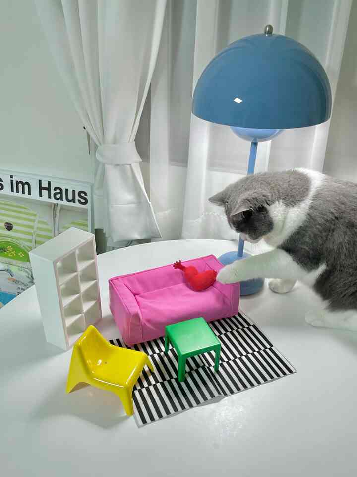 白と青のトーンの丸テーブルにミニチュア家具と遊ぶ猫が配置された雰囲気のあるインテリア