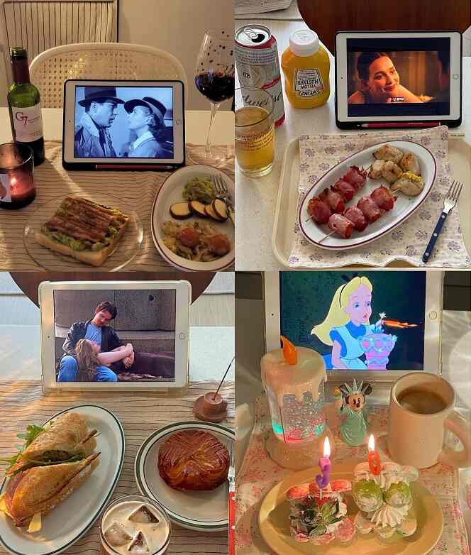 暖かい照明の中、複数のテーブルに料理や飲み物が並ぶホームカフェ風の寝室空間