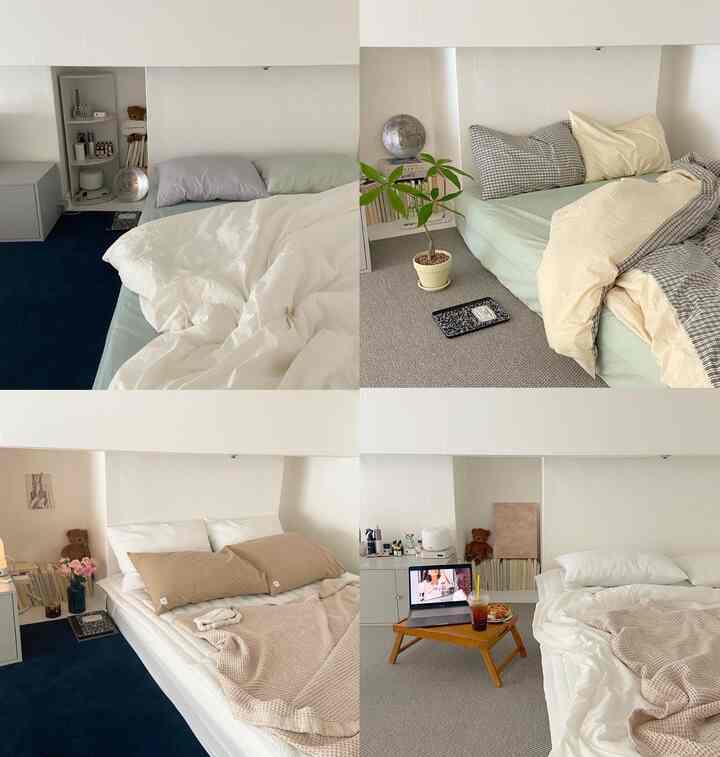 ナチュラルな色調の寝室、白とベージュの寝具が配置された雰囲気のあるインテリア