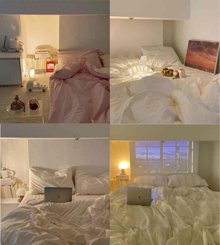 ホワイトとベージュの色調の寝室、シンプルな寝具とテーブルランプ、ホームカフェの雰囲気がある印象的な空間