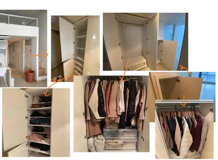 明るいベージュトーンの玄関前クローゼットとシューラック、圧縮棒と棚を活用した整理された収納空間が特徴のすっきりとしたクローゼット空間