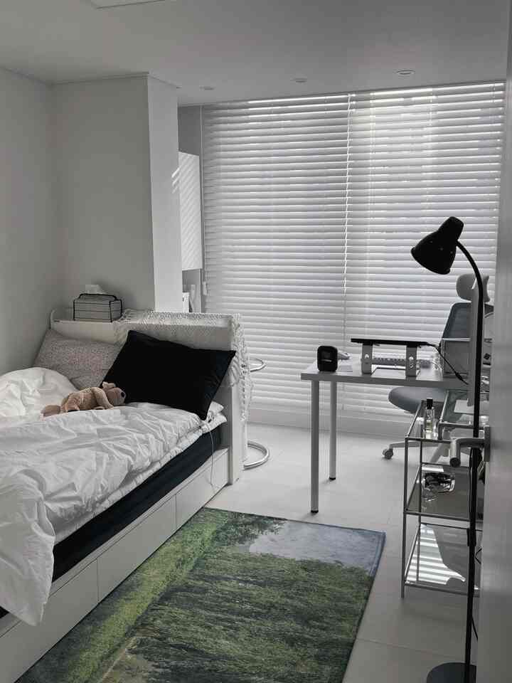 ホワイトとブラックのモダンなワンルーム、自然の風景柄ラグとシンプルな家具が配置されたインテリア