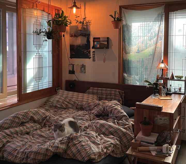 暖かいナチュラルトーンの寝室、チェック柄の布団に座る猫と植物やランプが置かれた木のナイトテーブルが配置された雰囲気のあるインテリア