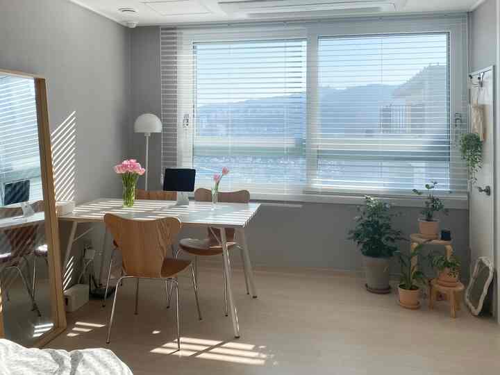 明るいホワイトとナチュラルな木目調の寝室、木製のダイニングテーブルと椅子、植物が調和した清潔感のあるインテリア