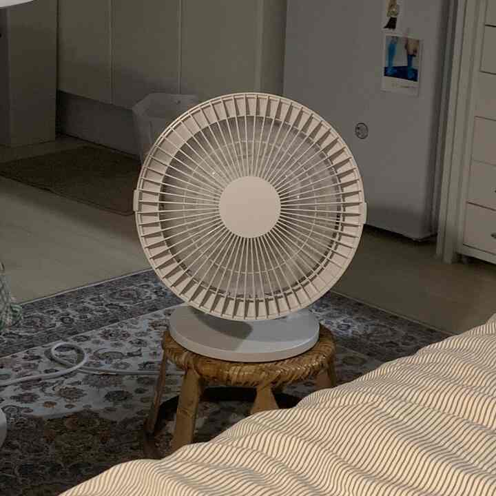 ベージュのベッドとホワイトの無印良品扇風機、ラタンのスツールとペルシャラグが配置された落ち着いた寝室