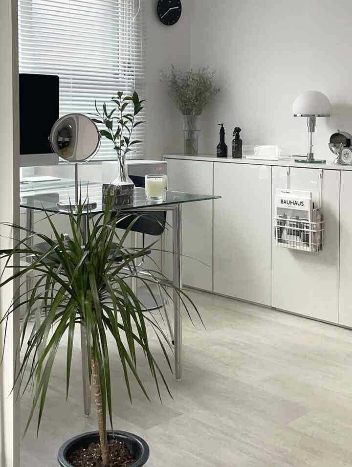 白とナチュラルトーンのリビングルーム、透明なガラステーブルと植物が配置された清潔感のある抜け感のあるモダンなインテリア