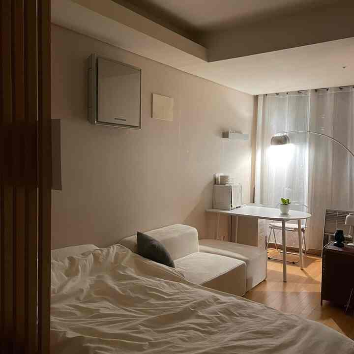 ナチュラルな色調と白を基調としたワンルーム寝室、ベッドとソファ、フロアランプが印象的な雰囲気を作り出すインテリア。